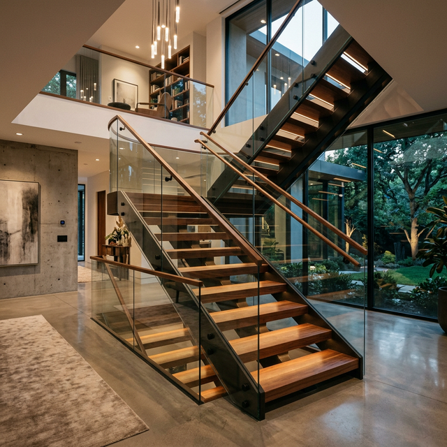 Modern premium staircase with glass and wood